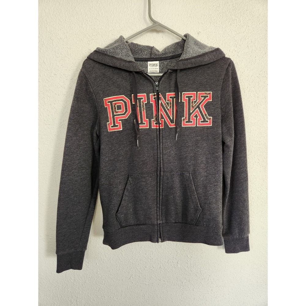 Pink Victoria's Secret Full Zip Gray Jacket Hoodie‎ Plaid Red Logo Womens XS